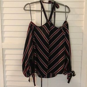 OFF SHOULDER TIE NECK TOP RED BLACK + WHITE STRIPE